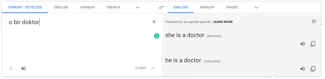 Screenshot of Google translate showing how they now provide translations with options for both genders 